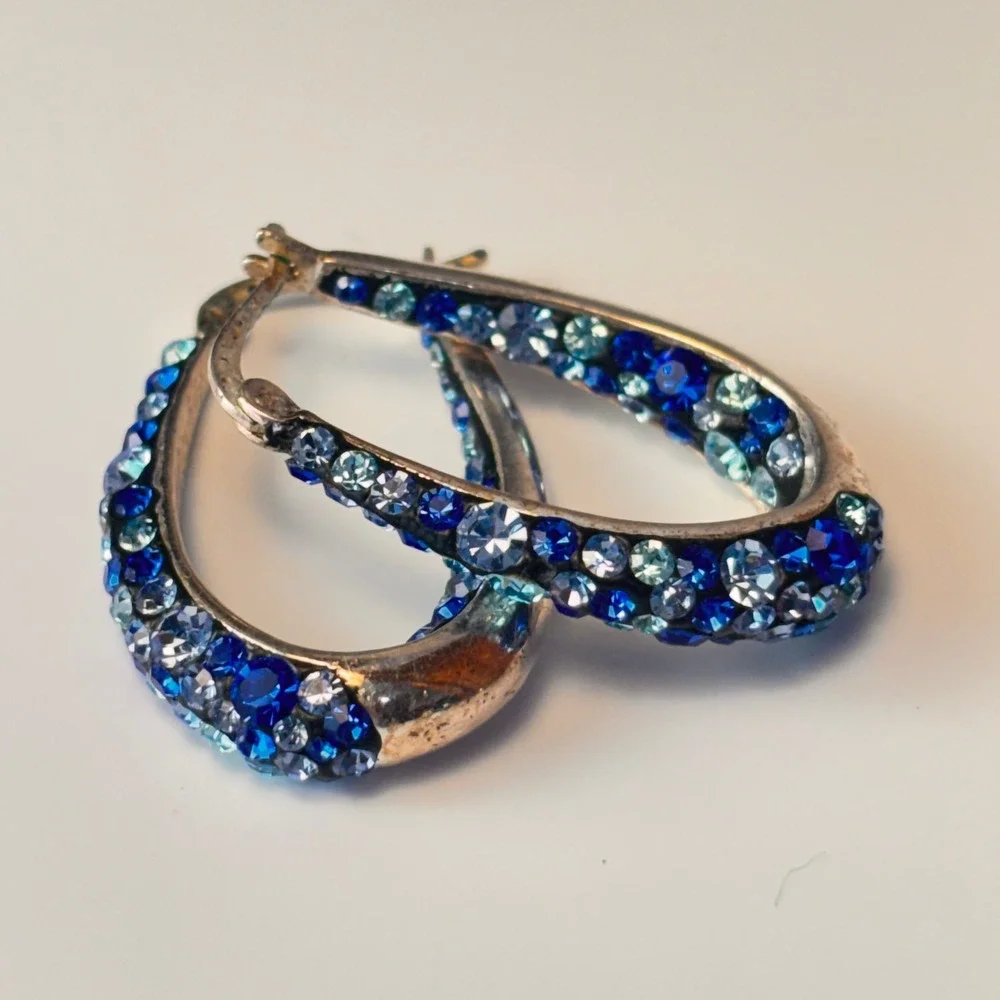 Vintage Hoop Earrings Blue Crystal Brass Thailand Boho Statement Jewelry